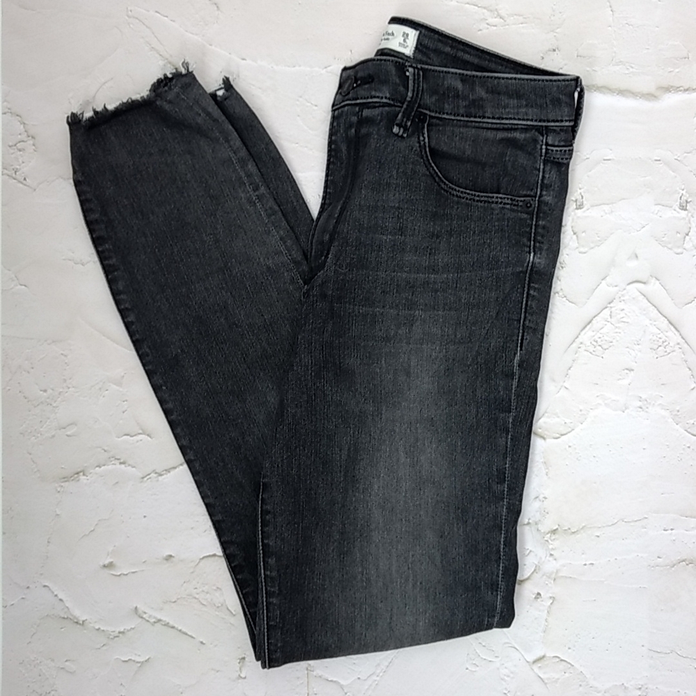 A&F high rise gray faded jeans shredded cuffs